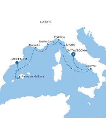 Carte de l’itinéraire Silver Ray, Barcelone → Civitavecchia (Rome)