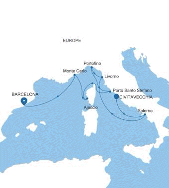 Carte de l’itinéraire Silver Ray, Civitavecchia (Rome) → Barcelone