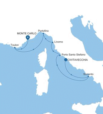 Carte de l’itinéraire Silver Ray, Civitavecchia (Rome) → Monte Carlo