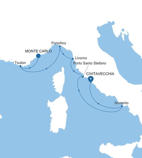 Carte de l’itinéraire Silver Ray, Monte Carlo → Civitavecchia (Rome)