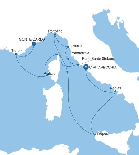 Carte de l’itinéraire Silver Ray, Monte Carlo → Civitavecchia (Rome)