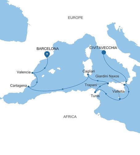 Carte de l’itinéraire Silver Ray, Civitavecchia (Rome) → Barcelone