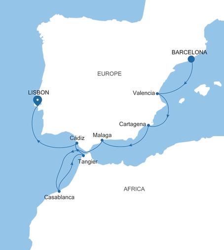Carte de l’itinéraire Silver Ray, Barcelone → Lisbonne