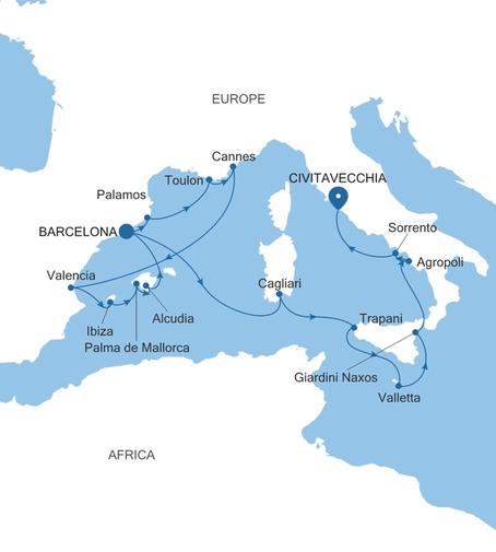 Carte de l’itinéraire Silver Ray, Barcelone → Civitavecchia (Rome)