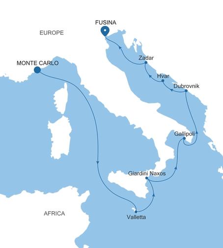 Carte de l’itinéraire Silver Ray, Monte Carlo → Fusina (Venise)