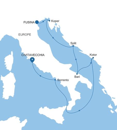 Carte de l’itinéraire Silver Ray, Fusina (Venise) → Civitavecchia (Rome)