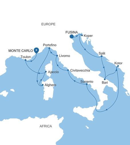 Carte de l’itinéraire Silver Ray, Fusina (Venise) → Monte Carlo