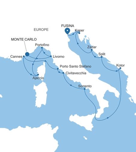 Carte de l’itinéraire Silver Ray, Monte Carlo → Fusina (Venise)