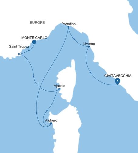 Carte de l’itinéraire Silver Ray, Monte Carlo → Civitavecchia (Rome)