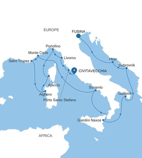 Carte de l’itinéraire Silver Ray, Fusina (Venise) → Civitavecchia (Rome)