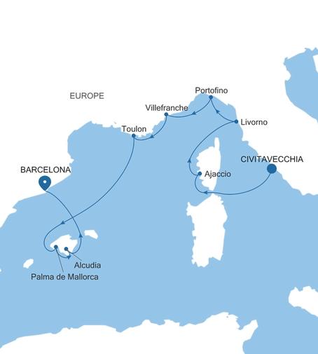 Carte de l’itinéraire Silver Ray, Civitavecchia (Rome) → Barcelone