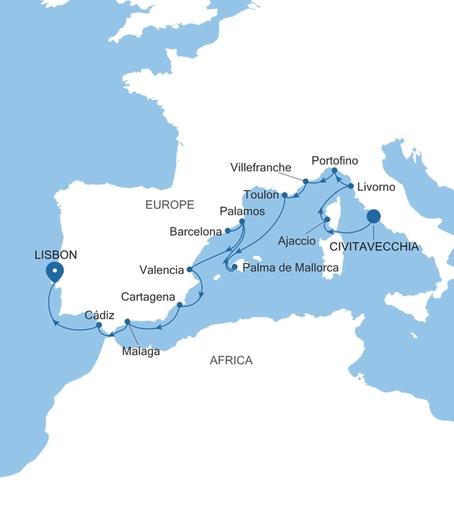 Carte de l’itinéraire Silver Ray, Civitavecchia (Rome) → Lisbonne