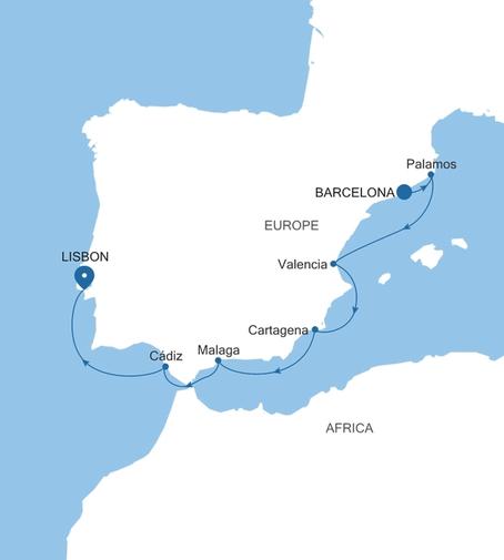 Carte de l’itinéraire Silver Ray, Barcelone → Lisbonne
