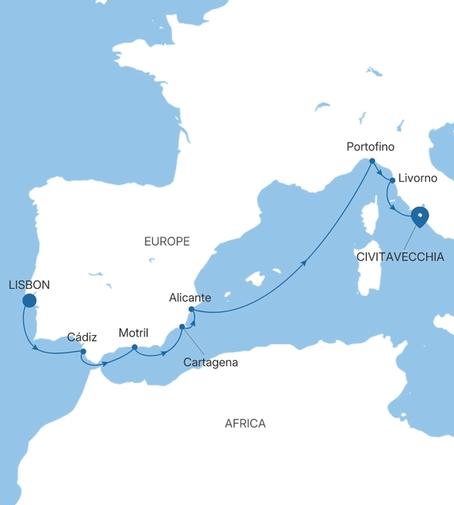 Carte de l’itinéraire Silver Ray, Lisbonne → Civitavecchia (Rome)