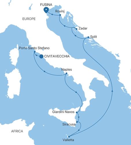 Carte de l’itinéraire Silver Ray, Civitavecchia (Rome) → Fusina (Venise)