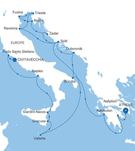 Carte de l’itinéraire Silver Ray, Civitavecchia (Rome) → Athènes (Le Pirée)