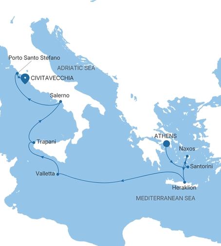 Carte de l’itinéraire Silver Ray, Athènes (Le Pirée) → Civitavecchia (Rome)