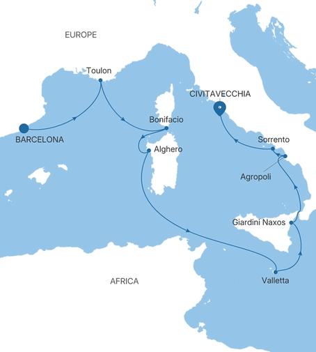Carte de l’itinéraire Silver Ray, Barcelone → Civitavecchia (Rome)