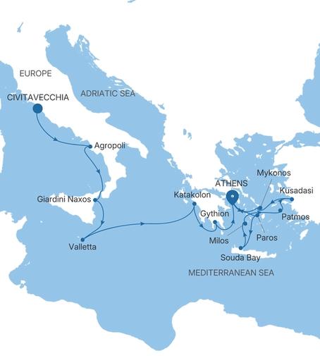 Carte de l’itinéraire Silver Ray, Civitavecchia (Rome) → Athènes (Le Pirée)