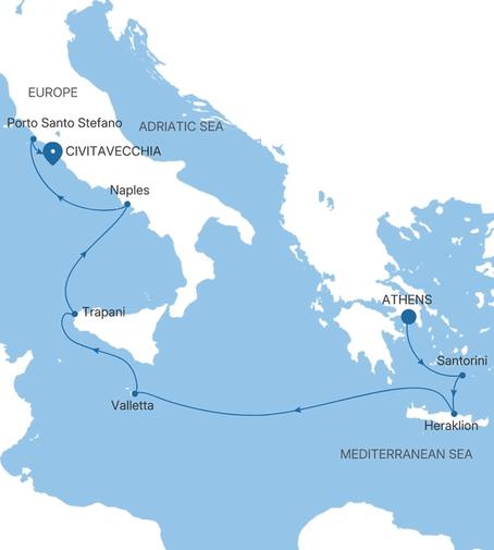 Carte de l’itinéraire Silver Ray, Athènes (Le Pirée) → Civitavecchia (Rome)