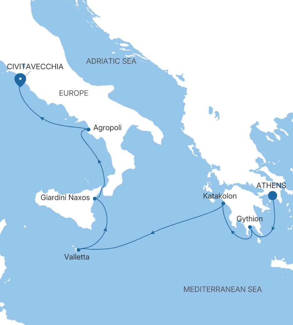 Carte de l’itinéraire Silver Ray, Athènes (Le Pirée) → Civitavecchia (Rome)