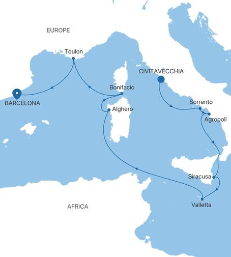 Carte de l’itinéraire Silver Ray, Civitavecchia (Rome) → Barcelone