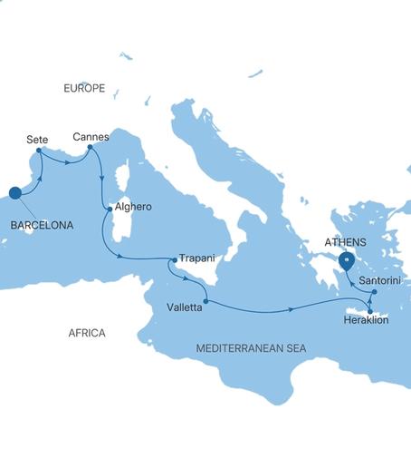Carte de l’itinéraire Silver Ray, Barcelone → Athènes (Le Pirée)