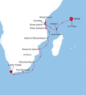 Carte de l’itinéraire Silver Cloud, Le Cap → Mahe