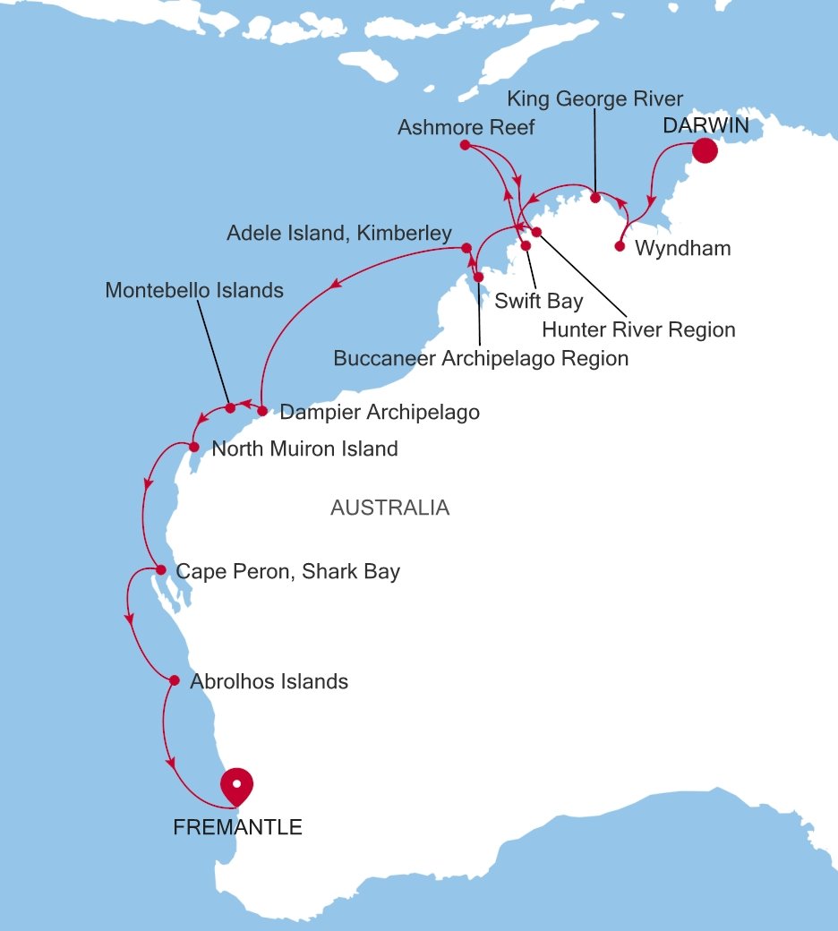 Carte de l’itinéraire Silver Cloud, Darwin → Fremantle (Perth), Western Australie - E4260803017
