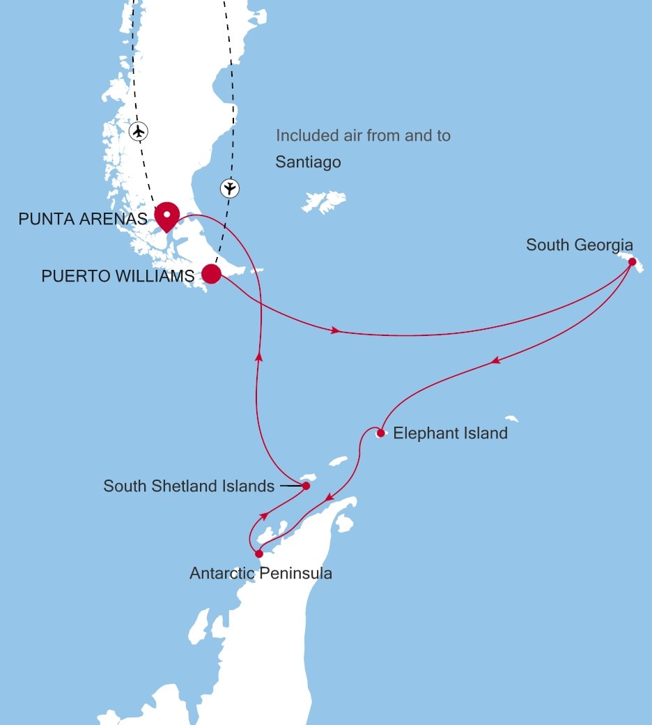 Carte de l’itinéraire Silver Cloud, Puerto Williams → Punta Arenas - E4270118015