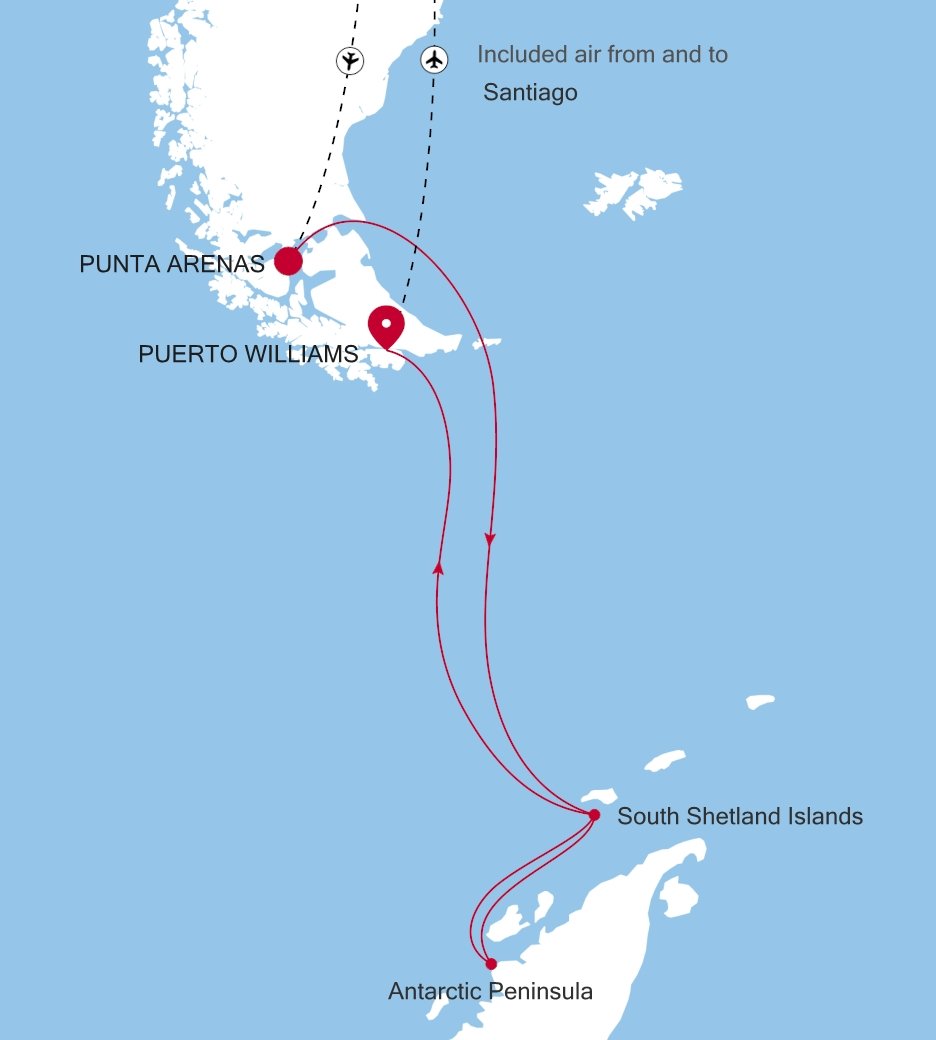 Carte de l’itinéraire Silver Cloud, Punta Arenas → Puerto Williams - E4270202010
