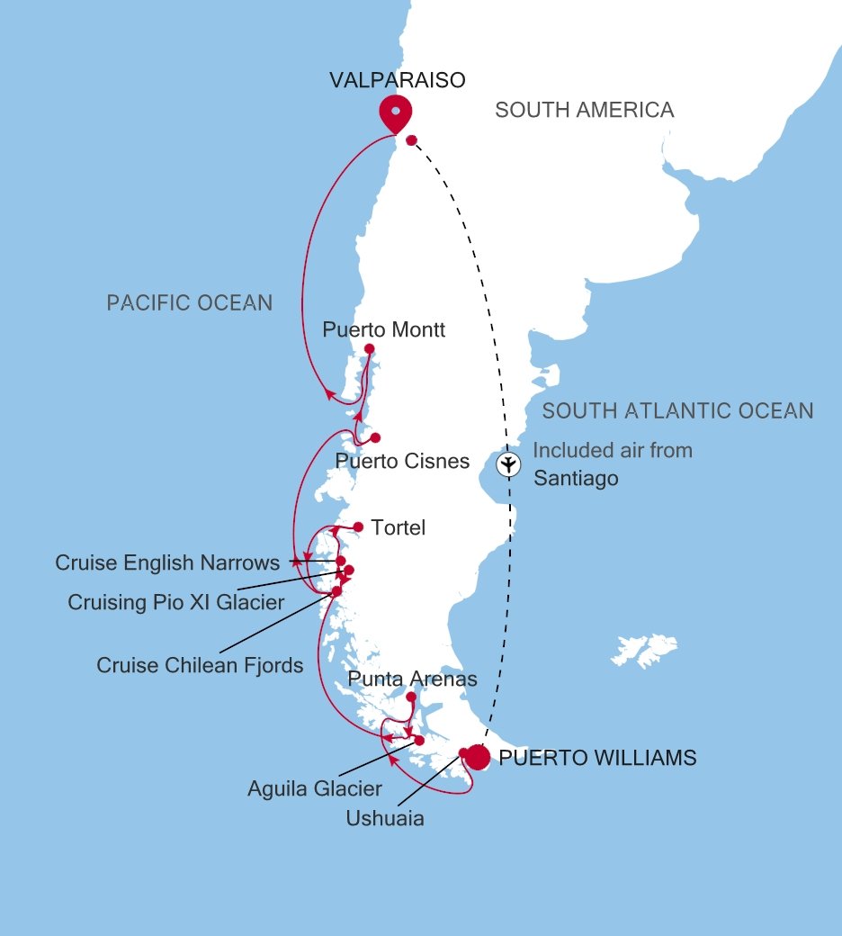 Carte de l’itinéraire Silver Cloud, Puerto Williams → Valparaiso - E4270227011