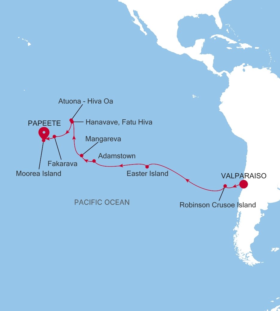 Carte de l’itinéraire Silver Cloud, Valparaiso → Papeete (Tahiti) - E4270310022