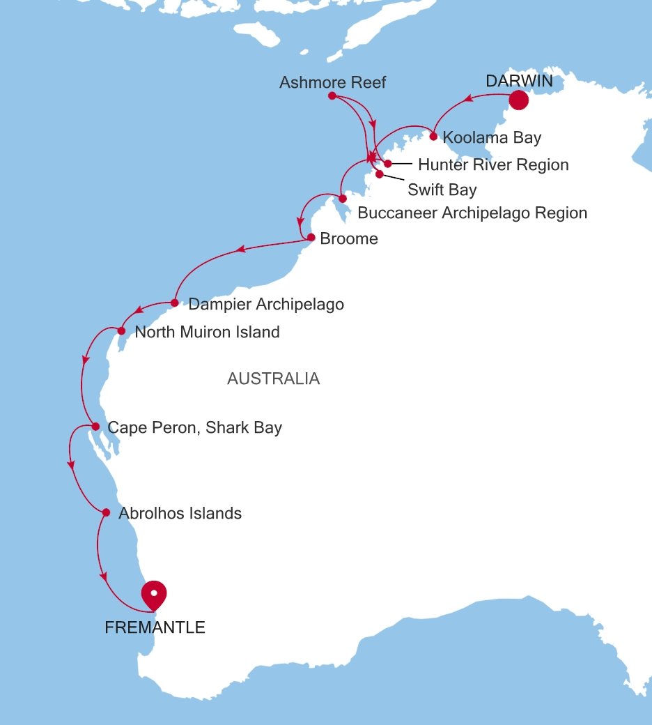 Carte de l’itinéraire Silver Cloud, Darwin → Fremantle (Perth), Western Australie - E4270824016