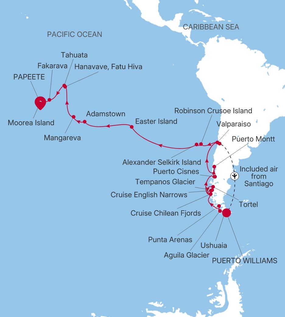 Carte de l’itinéraire Silver Cloud, Puerto Williams → Papeete (Tahiti) - E4280229C34