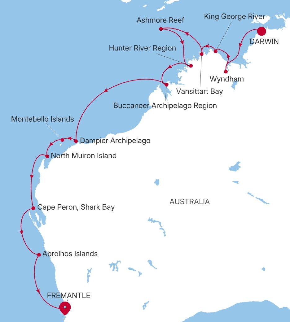 Carte de l’itinéraire Silver Cloud, Darwin → Fremantle (Perth), Western Australie - E4280819016