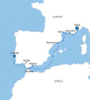 Carte de l’itinéraire Silver Shadow, Lisbonne → Nice — Voyage SS260317010 | 10 days
