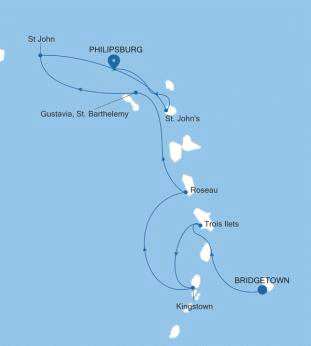 Carte de l’itinéraire Silver Shadow, Bridgetown → Philipsburg — Voyage SS260212007 | 7 days