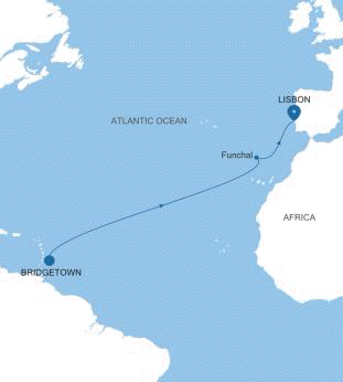 Carte de l’itinéraire Silver Shadow, Bridgetown → Lisbonne — Voyage SS260305012 | 12 days