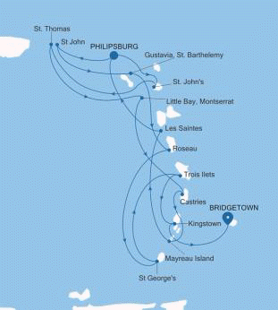 Carte de l’itinéraire Silver Shadow, Philipsburg → Bridgetown — Voyage SS260118007 | 7 days