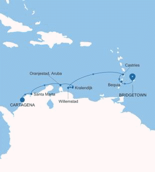 Carte de l’itinéraire Silver Shadow, Cartagena → Bridgetown — Voyage SS260203009 | 9 days