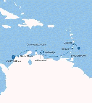 Carte de l’itinéraire Silver Shadow, Bridgetown → Cartagena — Voyage SS260125009 | 9 days