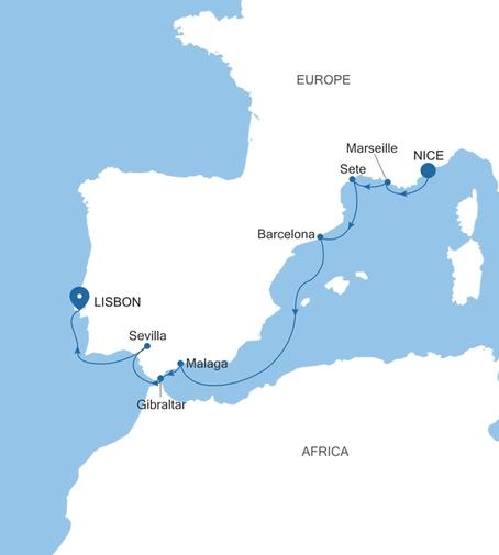 Carte de l’itinéraire Silver Shadow, Nice → Lisbonne