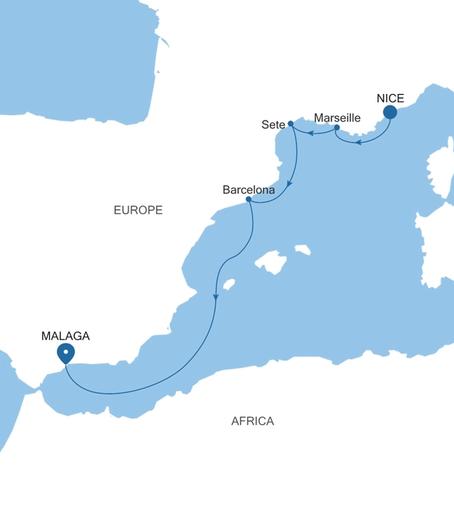 Carte de l’itinéraire Silver Shadow, Nice → Malaga (Costa del Sol)