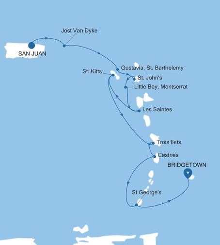Carte de l’itinéraire Silver Shadow, San Juan → Bridgetown