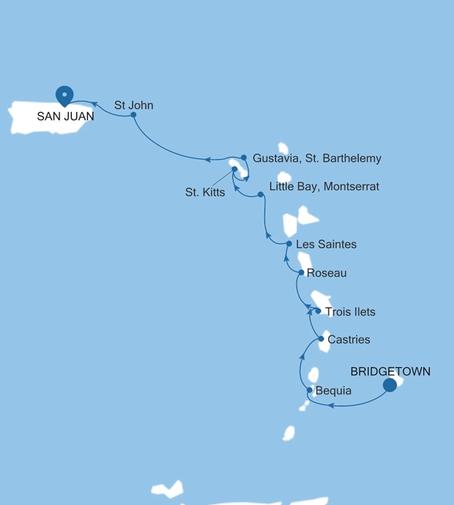 Carte de l’itinéraire Silver Shadow, Bridgetown → San Juan