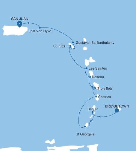 Carte de l’itinéraire Silver Shadow, Bridgetown → San Juan