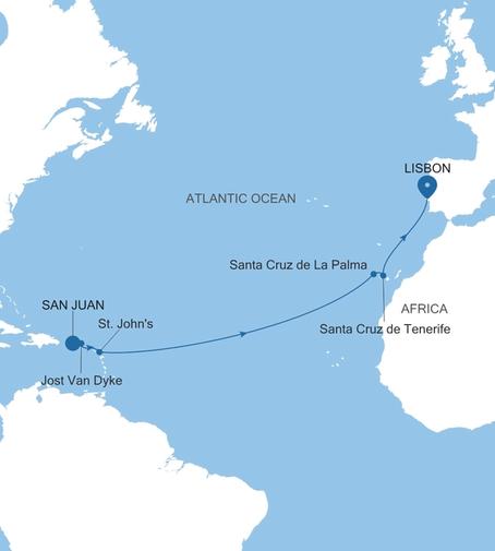 Carte de l’itinéraire Silver Shadow, San Juan → Lisbonne
