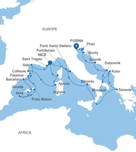 Carte de l’itinéraire Silver Shadow, Nice → Fusina (Venise)