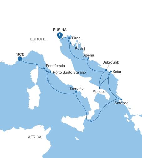 Carte de l’itinéraire Silver Shadow, Nice → Fusina (Venise)